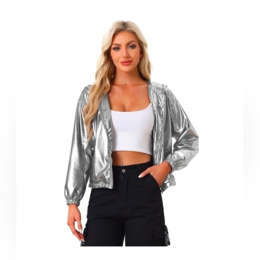 Allegra K Women's Jacket Shiny Long Sleeve Lightweight Zipper Hooded Metallic